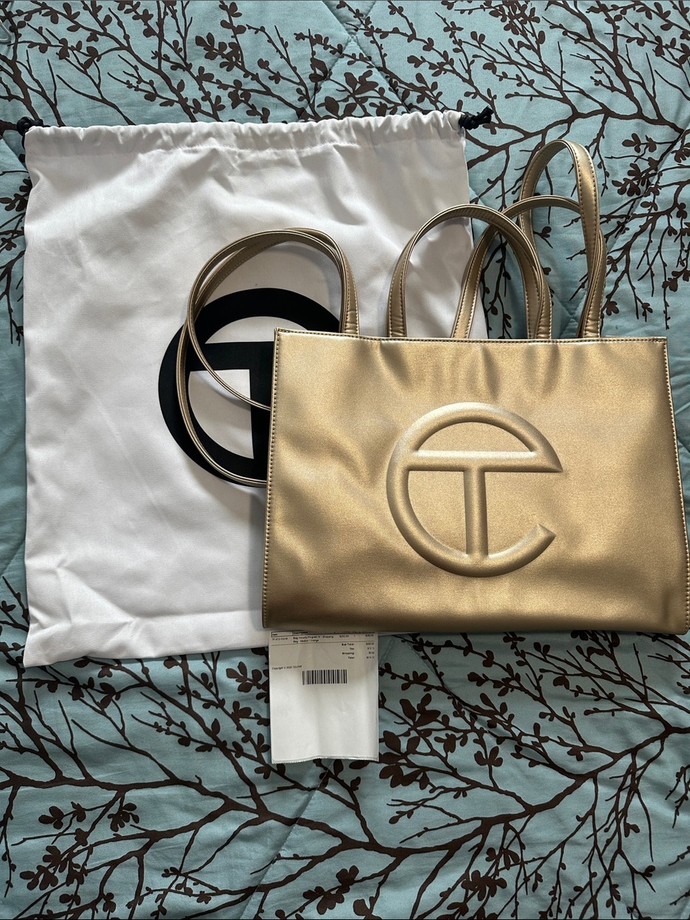 Never Worn Telfar Metallic Gold Medium Shopping Tote with Embossed Logo